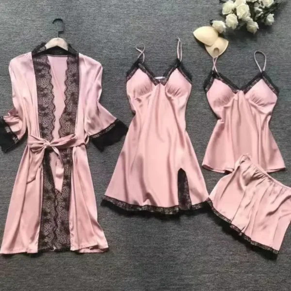 طقم بيجامة نسائي من 4 قطع، ملابس نوم حريرية، قميص نوم دانتيل، روب، ملابس نوم حريرية بلون موحد