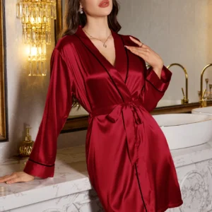 1 ثوب نوم نسائي قصير رومانسي أنيق، بيجامة حريرية ناعمة بلون سادة، رداء بحزام رائع ومريح، ضروري للمنزل